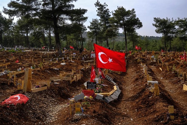 Tumbas de las víctimas del terremoto decoradas con la bandera turca en el cementerio de la ciudad tras los poderosos terremotos.