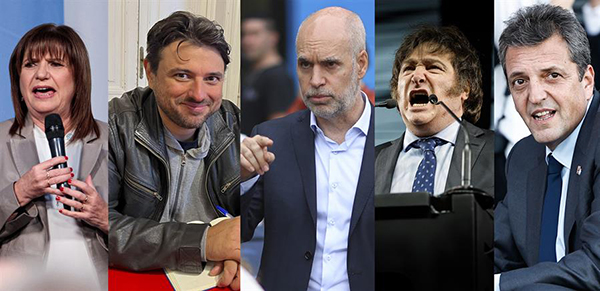 Fotografías de archivo muestra a los aspirantes a la Presidencia de Argentina, desde la izquierda, Patricia Bullrich, Juan Grabois, Horacio Rodríguez Larreta, Javier Milei y Sergio Massa.