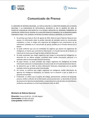 Comunicado de prensa, Ministerio de Defensa de Colombia