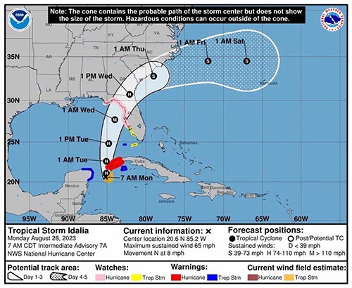 Los meteorólogos del NHC vaticinan que a primeras horas el centro de ‘Idalia’ toque tierra como "un peligroso huracán mayor" en la costa oeste de Florida, en alguna parte de la franja que se extiende desde la bahía de Tampa hasta Indian Pass, al noroeste del estado.
