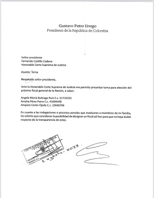 Carta del Presidente Gustavo Petro, a la Corte Suprema de Justicia