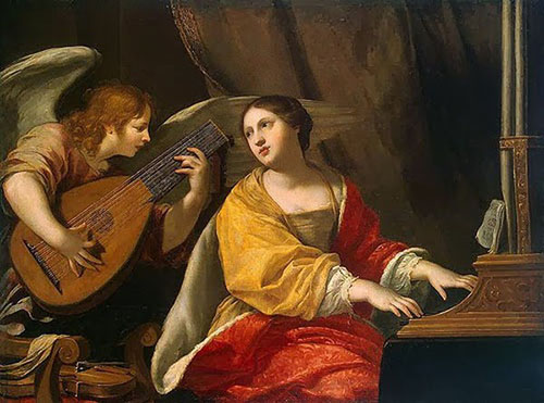 Algunas fuentes mencionan que se debe a los cuadros de pintores del siglo XV el hecho de que santa Cecilia esté vinculada con la música, ya que la mostraban tocando el arpa  y otros instrumentos.