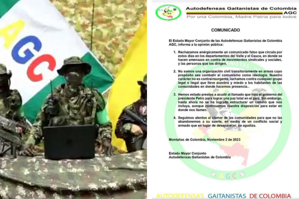 Pantallazo del comunicado dado a conocer por la AGC, en donde aclaran que son falsas las amenazas en contra de sindicalistas y dirigentes cívicos y su disposición de ingresar al proceso de paz total del Presidente Gustavo Petro.