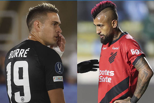 Combo de dos fotografías de archivo del colombiano Rafael Santos Borré (i) y el chileno Arturo Vidal. Mientras el delantero colombiano Rafael Santos Borré acepta dejar Alemania para fichar por el Internacional de Porto Alegre, desde Brasil el chileno Arturo Vidal se plantea abandonar al Athletico Paranaense para reforzar al América de Cali.