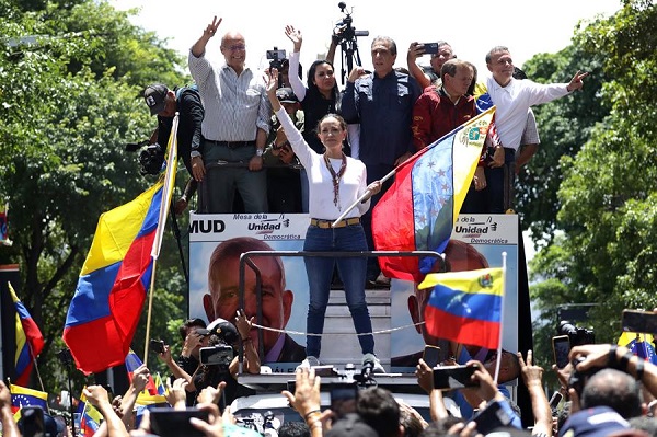 La líder opositora de Venezuela María Corina Machado cuando asistía a una protesta en rechazo a los resultados oficiales de las elecciones presidenciales.