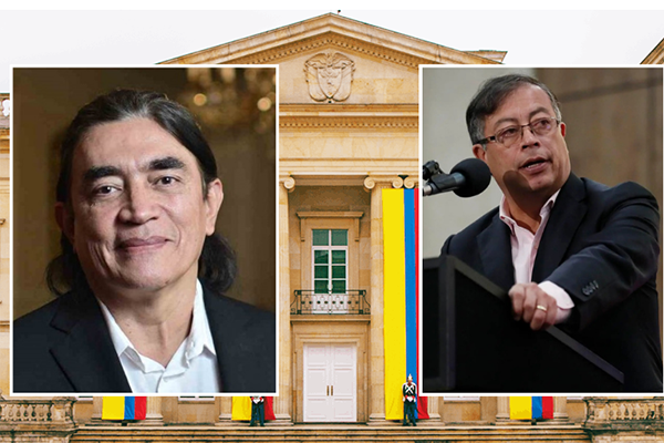 Gustavo Bolívar, exministro de Prosperidad Social; Gustavo Petro, Presidente de Colombia; en el fondo, Casa de Nariño. 