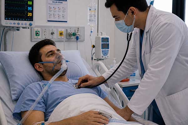Imagen de un paciente con asma en un estado avanzado, siendo atendido por un medico en un hospital. Foto generada con IA 