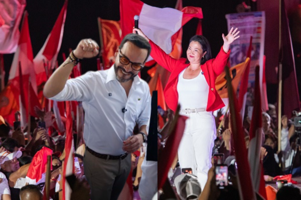 Fondo: La candidata derechista Keiko Fujimori, reacciona durante el cierre de campaña en Lima (Perú). EFE/ Renato Pajuelo   Foto 1: El candidato Abelardo de la Espriella llegando a ejercer su derecho al voto en la primera vuelta presidencial. Foto EFE
