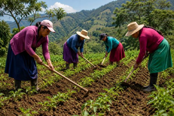 Mujer campesina realizando labores de cultivo en un terreno en Colombia. Foto Defensoría 