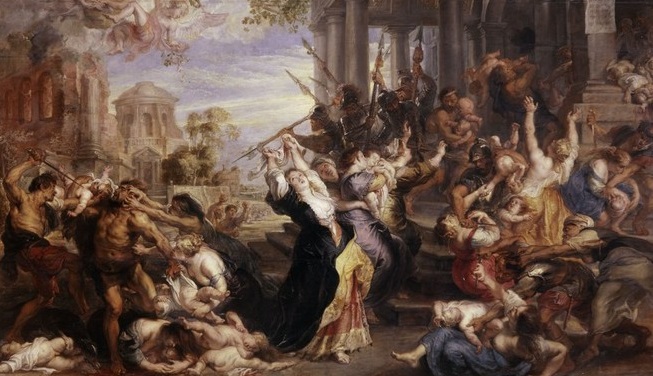 Peter Paul Rubens retrata: Masacre de los Inocentes, hacia el 1638. En la pintura, Rubens escenifica lo que debió ser el evento y el motivo por el que cada 28 de diciembre la Iglesia católica conmemora el Día de los Santos Inocentes.