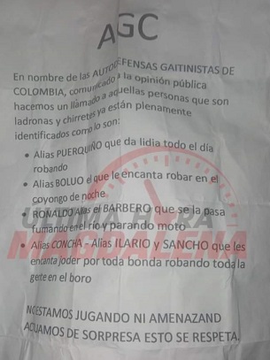 En este panfleto amenazan de muerte a seis personas en el corregimiento de Bonda.