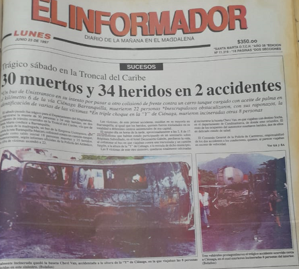 Con esta pieza fotográfica captada por las cámaras de EL INFORMADOR fue reportada una de las tragedias ocurridas en la vía Ciénaga-Barranquilla el 23 de junio de 1997.