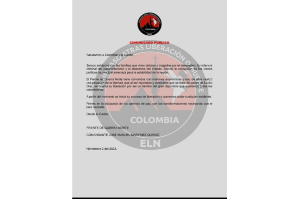 Comunicado del Frete de Guerra Norte, unidad del ELN