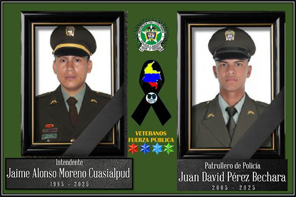 El intendente Jaime Moreno y el patrullero Juan David Pérez, asesinados. Foto @FuerzaVeteranos