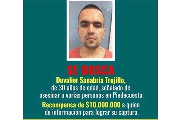 Duvalier Sanabria Trujillo, uno de los más buscados en el departamento de Santander. Foto archivo EL INFORMADOR Duvalier Sanabria Trujillo, uno de los más buscados en el departamento de Santander. Foto archivo EL INFORMADOR
