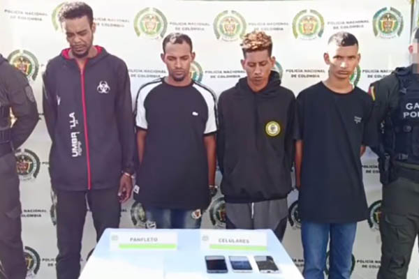 Mauro Andrés Miranda Simanca, Duván Felipe Cortinas Bossio, Luis Santiago Álvarez Puerta y William José Rodríguez Tovar, capturados. Foto Policía Nacional