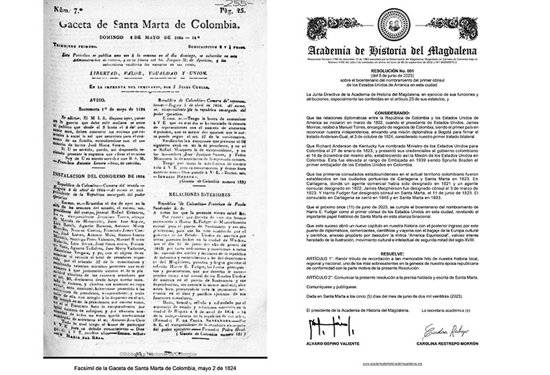 Los primeros consulados estadounidenses en el actual territorio colombiano fueron establecidos en las ciudades portuaLos primeros consulados estadounidenses en el actual territorio colombiano fueron establecidos en las ciudades portuarias de Cartagena y Santa Marta en 1823.rias de Cartagena y Santa Marta en 1823.