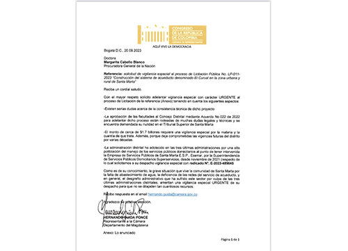 Carta en la que el representante Hernando Guida le solicita a la Procuradora Margarita Cabello vigilancia especial urgente al proceso de licitación del contrato de la planta del acueducto de El Curval.