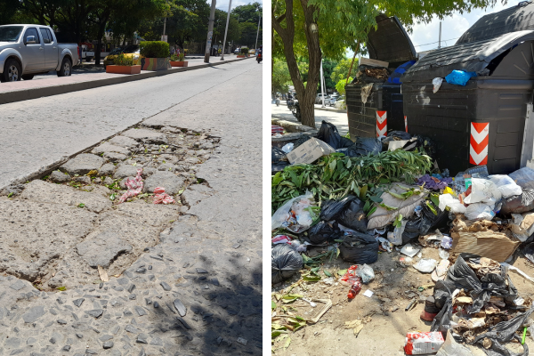La Av. Libertador con 28 en Santa Marta presenta un estado de deterioro, lo que dificulta una movilidad fluida y segura. Por otro lado, en la Av. Río con carrera 19c, un contenedor de basura desbordado y basura esparcida alrededor emiten un olor desagradable, afectando a la comunidad que transita por la zona.