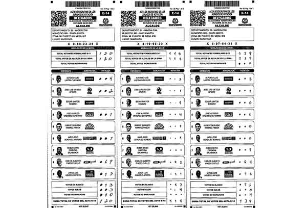 Formularios E14 denunciados por el exgobernador Carlos Caicedo para sustentar, según él, el fraude que se propició para favorecer al candidato Carlos Pinedo Cuello, quien asegura por su lado que le robaron las elecciones