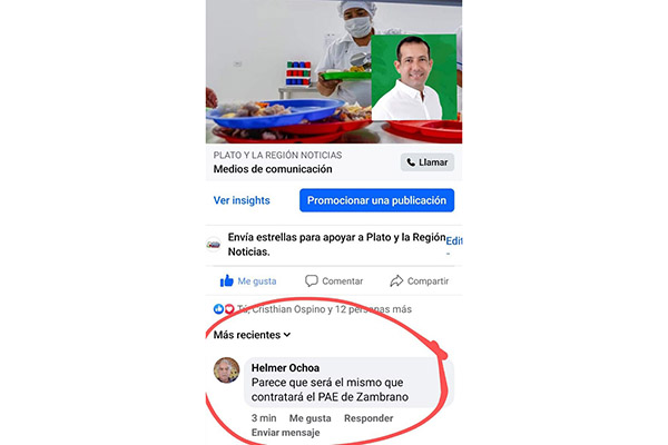 Captura del comentario hecho por un dirigente cívico de Zambrano Bolívar sobre la posibilidad que El Negrillo contrate el PAE de ese municipio.