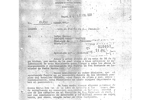Facsímil del oficio del ministro de Defensa Nacional, general Luis Carlos Camacho Leyva a Enrique Vargas Ramírez, ministro de Obras Públicas, Bogotá, 10 de junio de 1980.