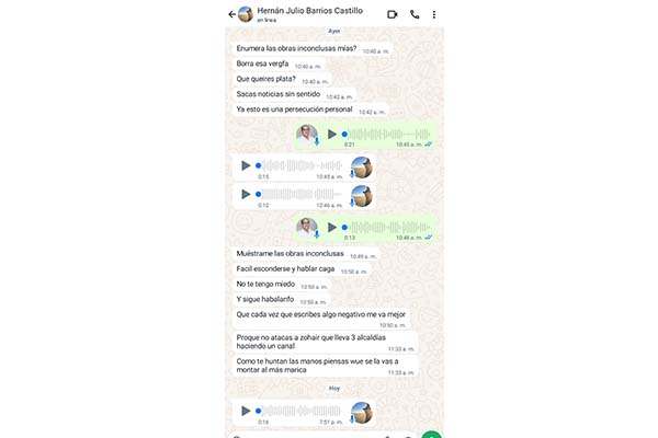 Copia de los chats enviados desde su wasap personal, en los cuales Hernán Julio Barrios Castillo, ofende y trata de intimidar a la prensa. Algunos están en audio de su propia voz. Copia de los chats enviados desde su wasap personal, en los cuales Hernán Julio Barrios Castillo, ofende y trata de intimidar a la prensa. Algunos están en audio de su propia voz.