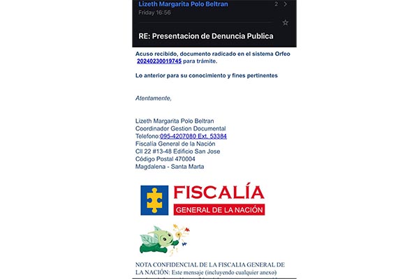 Pantallazo del radicado de la denuncia penal ante la Fiscalía en contra del exdirector del Bienestar Familiar en el Magdalena.