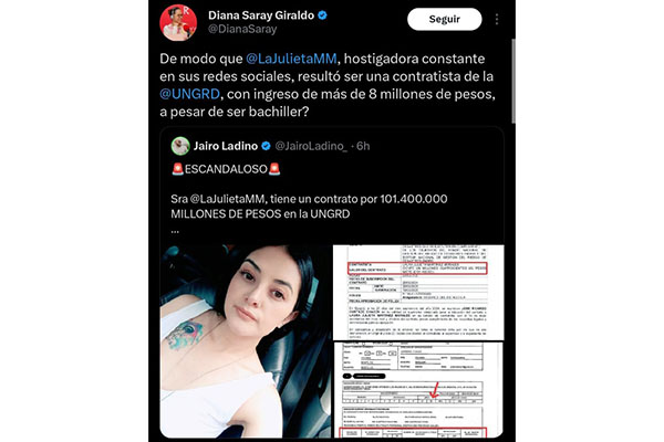 Este es el post publicado en X de la denuncia de la periodista Diana Saray Giraldo sobre el contrato en la Ungrd adjudicado a la influencer de Onlyfans Laura Julieth Martínez, excandidata al Senado de Fuerza Ciudadana. Este es el post publicado en X de la denuncia de la periodista Diana Saray Giraldo sobre el contrato en la Ungrd adjudicado a la influencer de Onlyfans Laura Julieth Martínez, excandidata al Senado de Fuerza Ciudadana.