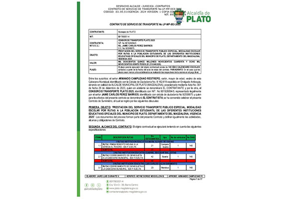 Parte de las rutas establecidas en el contrato que debe cumplir el contratista durante la vigencia del calendario escolar en la zona rural de Plato.