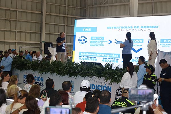 Carlos Pinedo Cuello, alcalde de Santa Marta, acompañado de su equipo de trabajo, durante la presentación de los logros alcanzados en 2024, en un esfuerzo conjunto para mejorar la calidad de vida de los samarios.