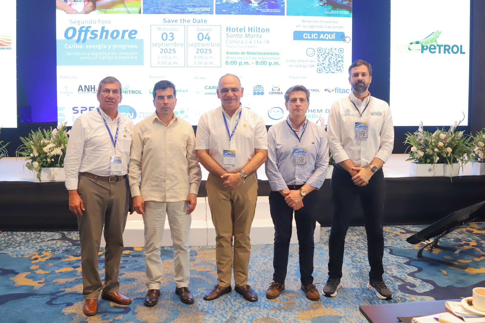 Carlos Pinedo Cuello, alcalde de Santa Marta; Miguel Ángel Espinosa, presidente ejecutivo de Fitac; Orlando Velandia, presidente de la Agencia Nacional de Hidrocarburos; Carlos Jaramillo, secretario de Desarrollo Económico de Santa Marta. Foto Alcaldía de Santa Marta. 
