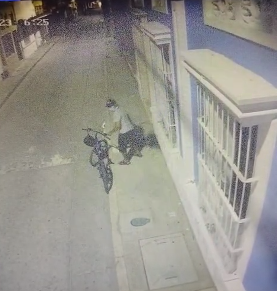 Momentos en que el ladrón roba una planta de una jardinera en el Centro Histórico de Santa Marta. Foto tomada de captura de video enviado a EL INFORMADOR. 	