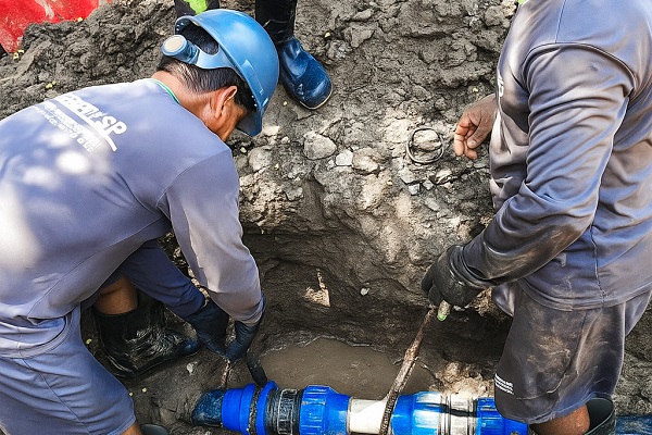Essmar E.S.P. avanza en la normalización del sistema de acueducto en San Jorge tras atender de manera oportuna el daño generado durante obras que realizan en el sector. Foto Essmar 