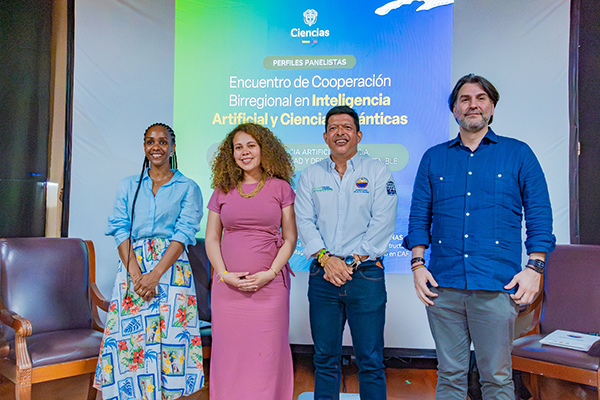 Amelia Prado, asesora de Minciencias, Ángela Olaya, Ministra de Ciencias, Pablo Vera Salazar, rector de Unimagdalena y Ángel Cárdenas, gerente de Desarrollo Urbano, Agua y Economía Creativa de CAF. Foto Unimagdalena