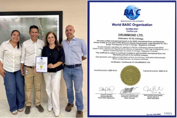 Los directivos de Puerto Drummond reciben la certificación BASC tras superar la auditoría internacional de seguridad y control en sus operaciones portuarias.Foto:Drummond