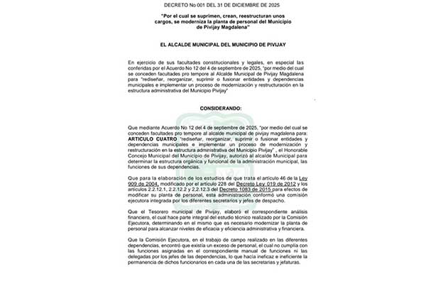 Pantallazo del Decreto de la alcaldía de Pivijay que suprime todos los cargos de la planta de personal.Foto Rubén Peña Pantallazo del Decreto de la alcaldía de Pivijay que suprime todos los cargos de la planta de personal.Foto Rubén Peña