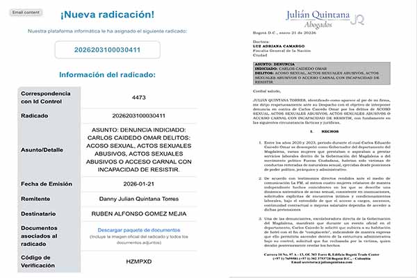 Pantallazos de la denuncia penal y el radicado ante la Fiscalía General, instaurada por el abogado Julián Quintana en contra del exalcalde de Santa Marta Carlos Caicedo por los presuntos delitos de acoso y abuso sexual. Foto captura de pantalla de la denuncia. Pantallazos de la denuncia penal y el radicado ante la Fiscalía General, instaurada por el abogado Julián Quintana en contra del exalcalde de Santa Marta Carlos Caicedo por los presuntos delitos de acoso y abuso sexual. Foto captura de pantalla de la denuncia.