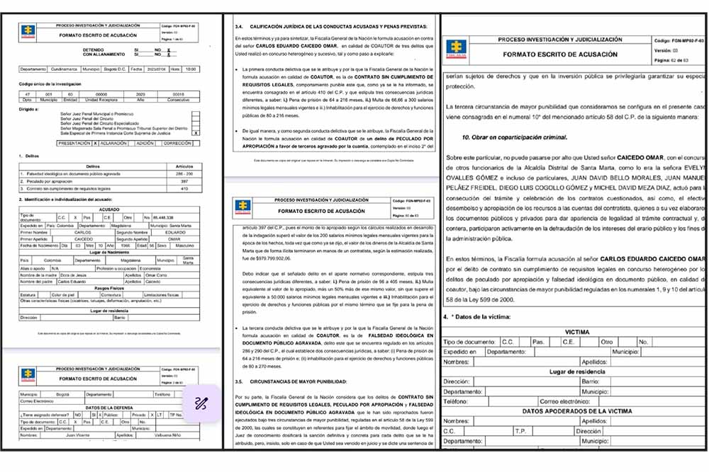 Apartes del escrito de acusación presentado por la Fiscalía el pasado miércoles ante el Juzgado 28 Penal del Circuito con funciones de conocimiento de Bogotá en contra del exalcalde Carlos Caicedo.
