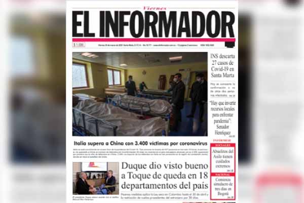 Portada del periódico EL INFORMADOR de una de las noticias del coronavirus. Foto derechos reservados EL INFORMADOR