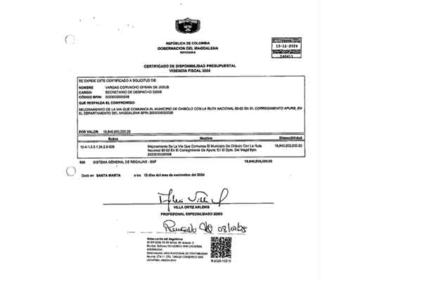 Copia del CDP vigencia fiscal 2024, de fecha 13 de noviembre de 2024, expedido por la suma de 18.840 millones de pesos, a solicitud del señor Efraín de Jesús Vargas Corvacho para el mejoramiento de la vía Apure-Chibolo. Firmado por la profesional especializada Arlenis Villa Ortíz.