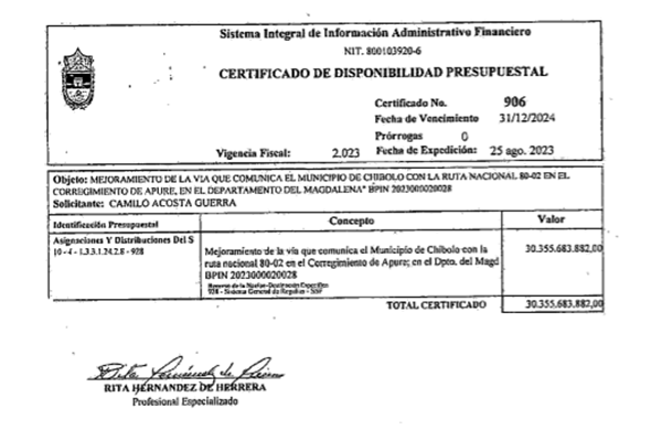 Copia CDP 906 del 25 de agosto de 2023, con fecha de vencimiento 31 de diciembre de 2024, solicitado por Camilo Acosta Guerra, por la suma de 30.355 millones 683.882 pesos para el mejoramiento de la vía. Firmado por Rita Hernández.