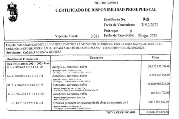 Copia del CDP No.PÁGINA N.º 918 expedido el 25 de agosto de 2023, con fecha de vencimiento 31 de diciembre de 2023, a solicitud de Camilo Acosta Guerra, gerente de Proyectos de la Gobernación del Magdalena, por la suma de 52.606 millones 395.829 pesos, para el mejoramiento de la vía Apure Chibolo. Firmado por la profesional especializada Rita Hernández.
