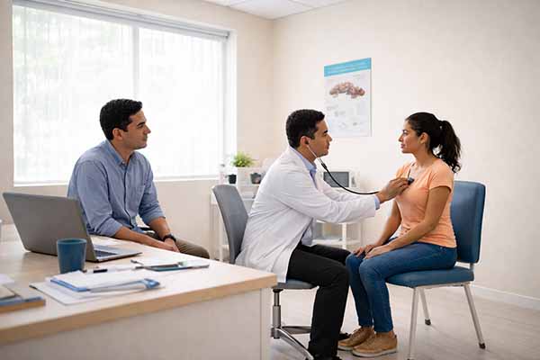 Una mujer en una consulta medica de prevención ante la enfermedad del Chagas. Imagen generada por IA