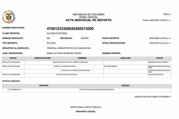 Radicado de la demanda de nulidad electoral contra Navarro Manga que en reparto le fue asignada a la magistrada María Victoria Quiñones.