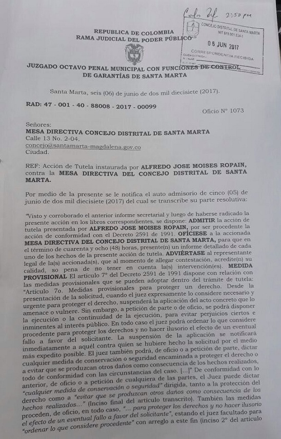 Tutela interpuesta por Alfredo Moises Ropaín Tutela interpuesta por Alfredo Moises Ropaín