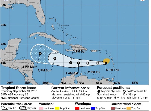 Posible cono de la trayectoria de la depresión tropical ISAAC para los siguientes días (NHC-NOAA)