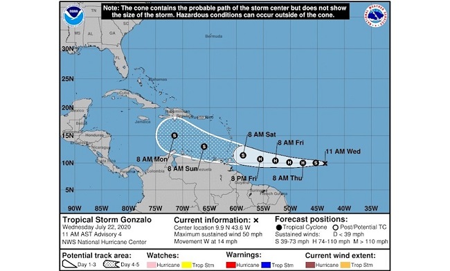  Fotografía cedida este miércoles por el Centro Nacional de Huracanes (NHC) de Estados Unidos donde se muestra el pronóstico de cinco días del paso de la tormenta tropical Gonzalo por el atlántico. 