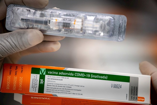 Foto cedida por el Instituto Butantan que muestra las primeras dosis de la vacuna contra la COVID-19 que empezaron a ser aplicadas el pasado martes a 890 en Brasil. 