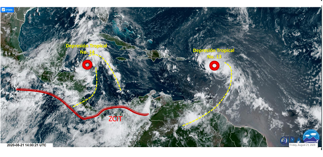 Imagen de la condición actual de las depresiones tropicales ‘Trece’ y ‘Catorce’, según la Dimar. 